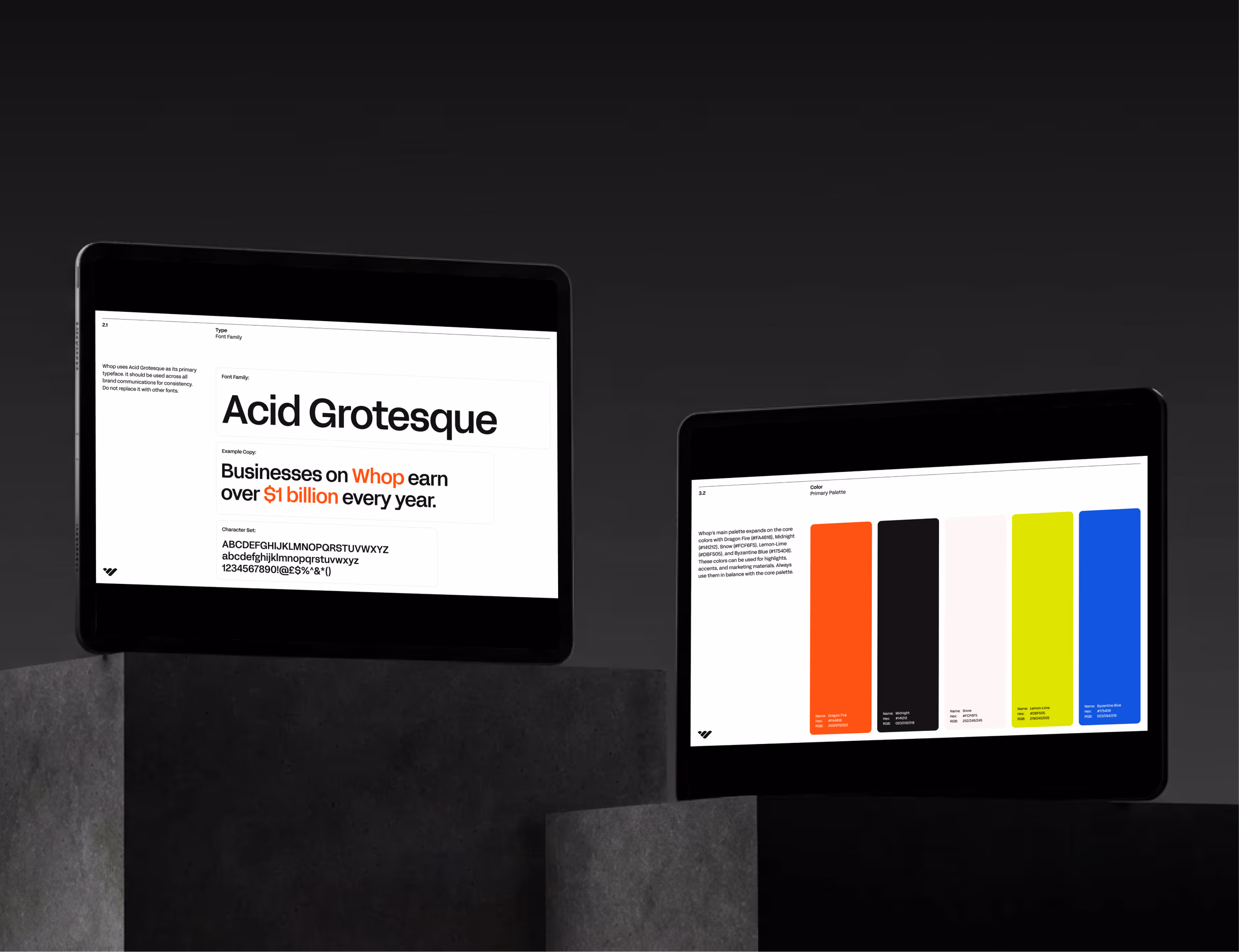 Two tablets showing Whop guideline pages, Acid Grotesque typography and the colour palette