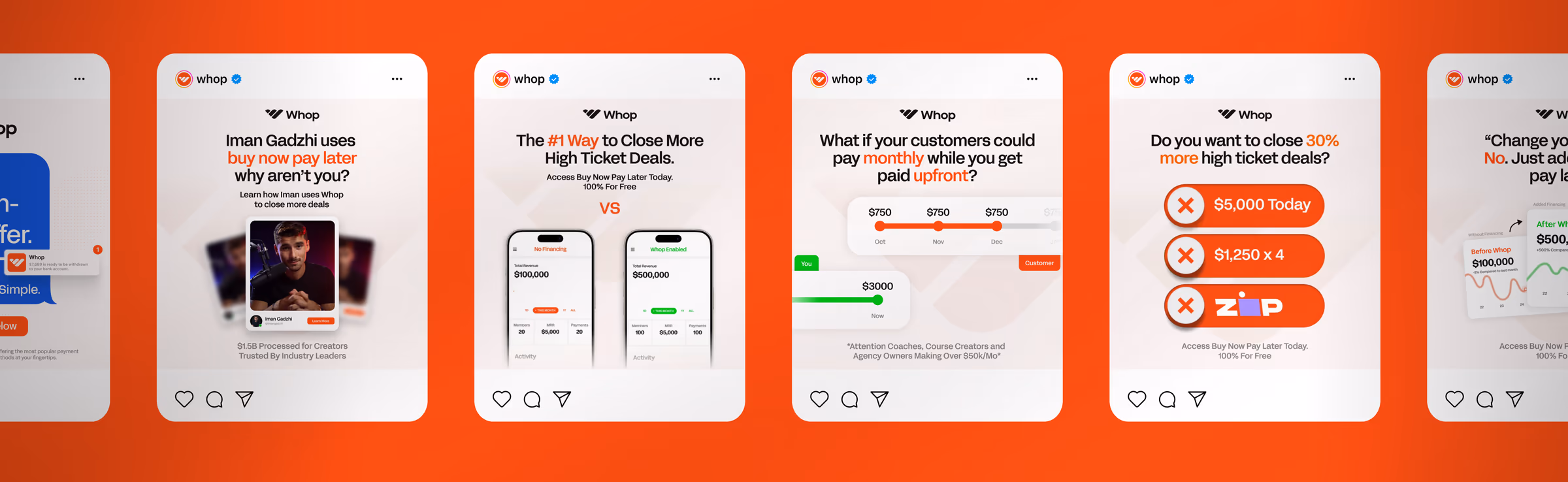 Row of Whop Instagram ads about buy now pay later and closing high ticket deals
