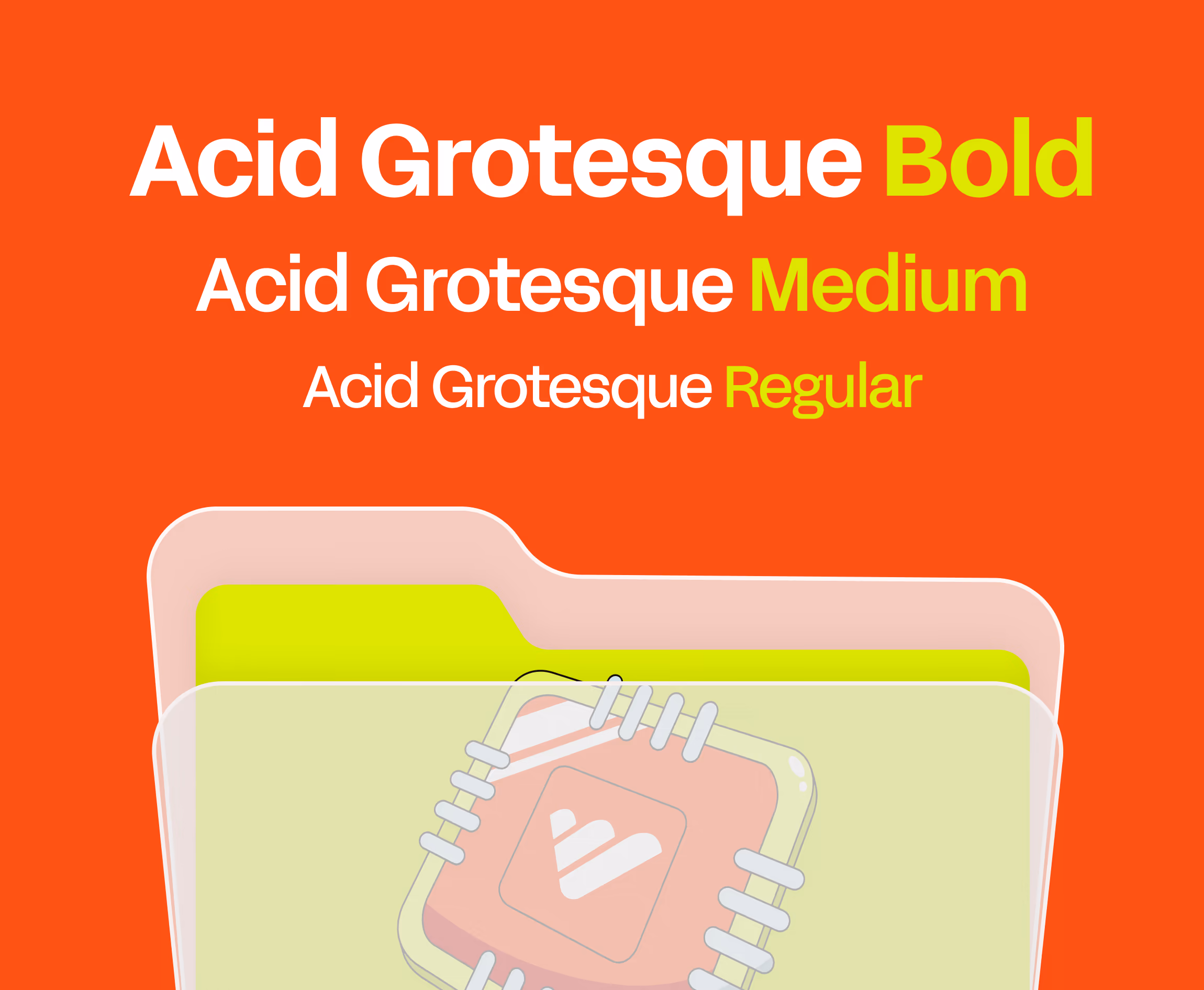 Whop type weights, Acid Grotesque Bold, Medium and Regular, above an illustrated folder