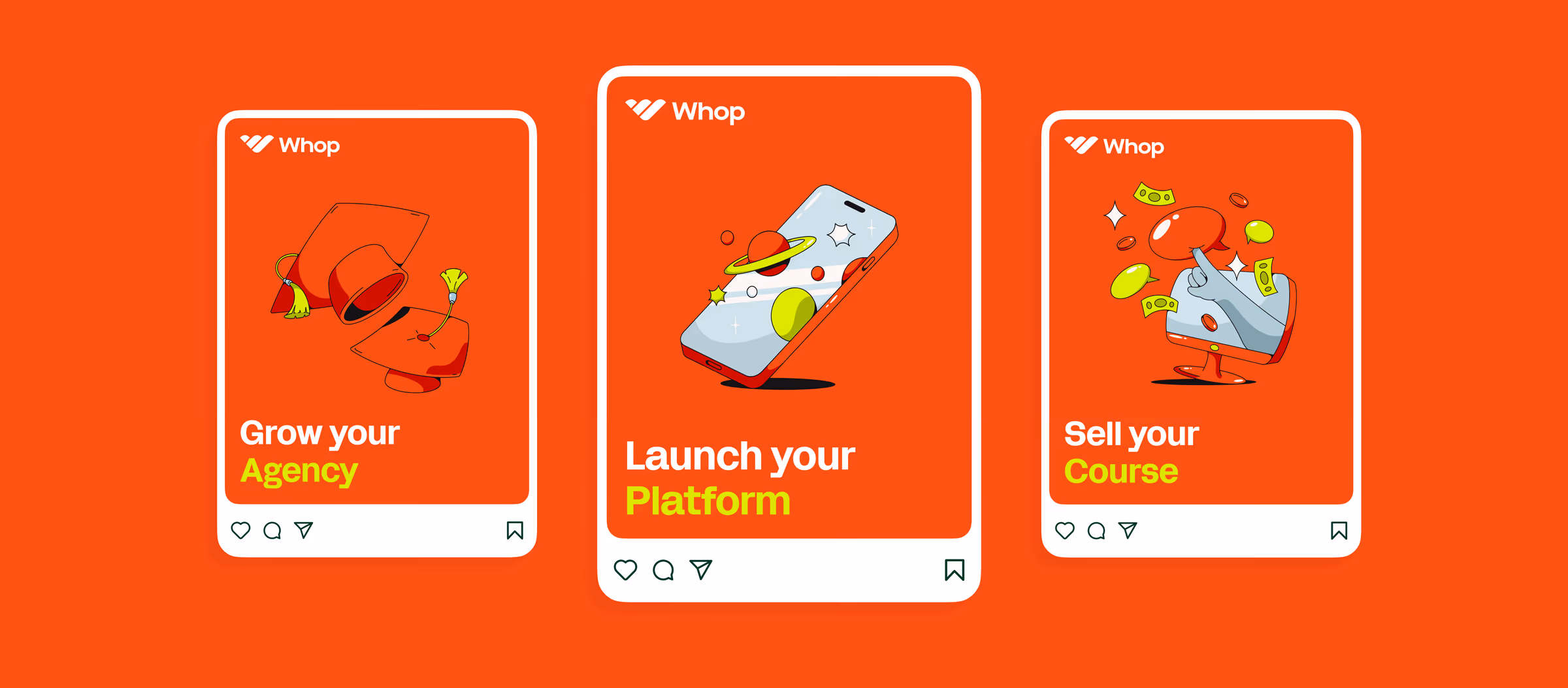 Three Whop social cards with illustrations: grow your agency, launch your platform, sell your course